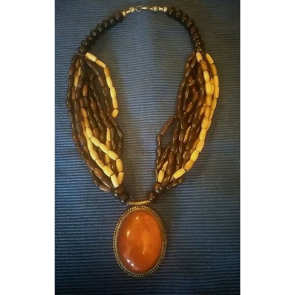 Bohemian Beads chunky Amber Cabachon pendant Statement Necklace - Picture 1 of 6